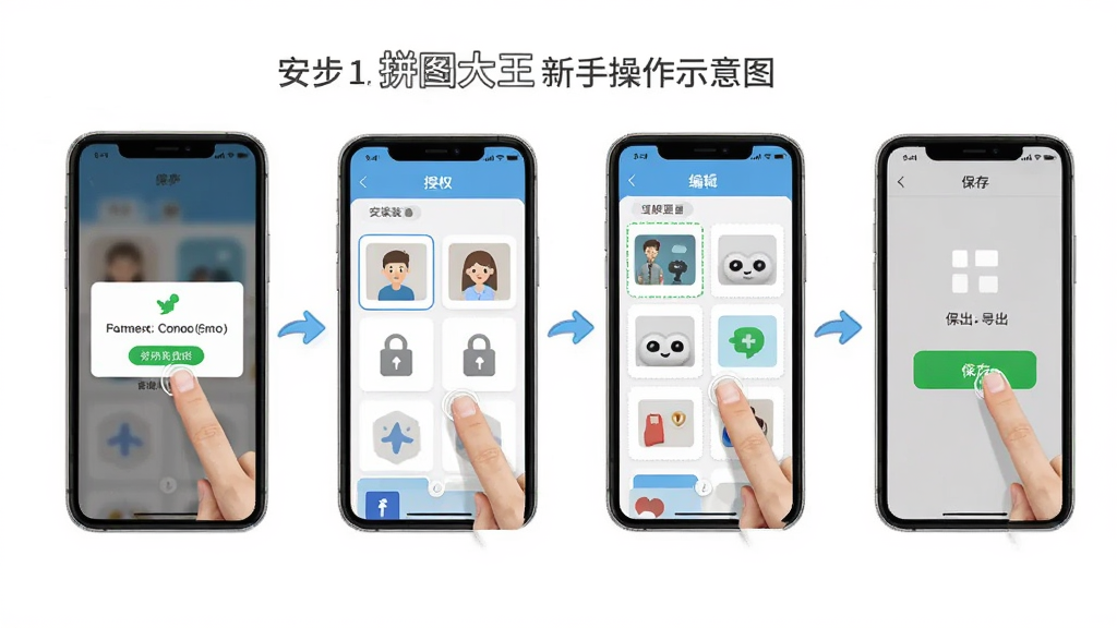 拼图大王新手操作示意图,主体为手机屏幕与手指点击动作,布局为分步展示安装、授权、编辑、导出四个环节,排版为横向流程图,风格简洁明快,细节包括权限弹窗、模板选择、保存按钮,画质清晰,无多余装饰