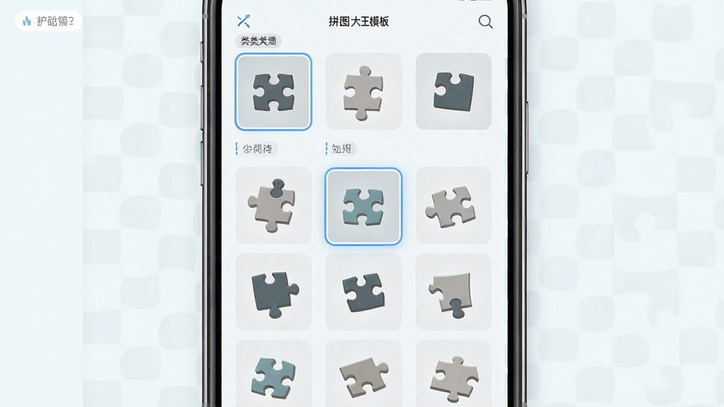 拼图大王模板选择界面,主体为手机屏幕特写,布局为网格状模板缩略图排列,排版整齐,风格清新浅色,细节包括不同形状的拼图格子、选中高亮边框、分类标签,画质清晰,干净无杂乱元素