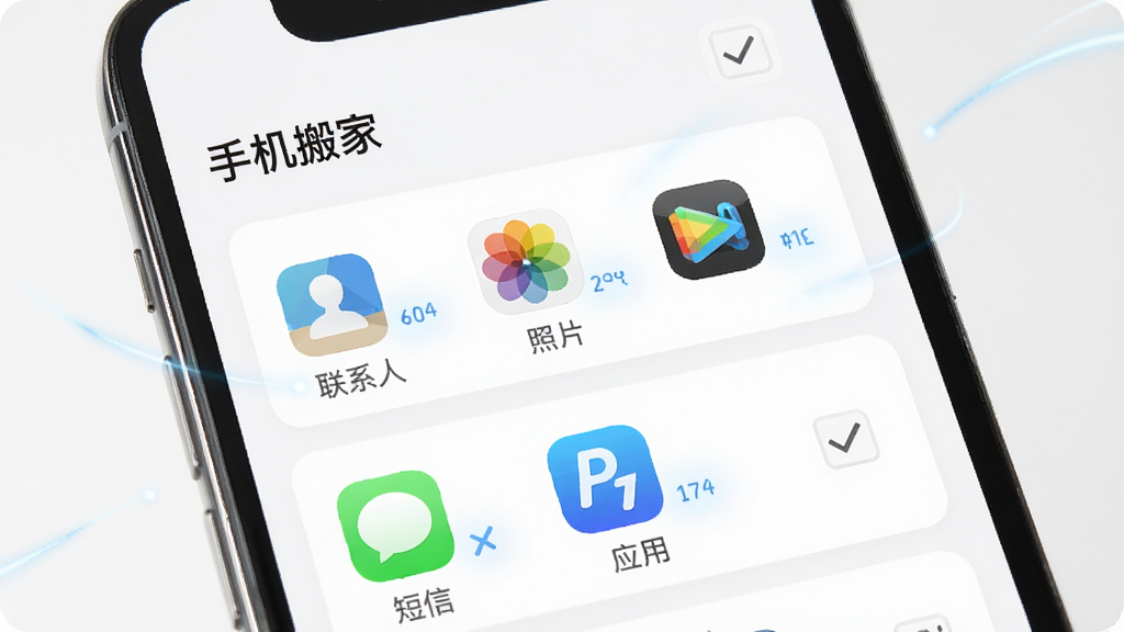 手机屏幕展示“手机搬家”数据选择列表,包含联系人、照片、视频、短信、应用等图标整齐排列,每个图标旁有勾选框,背景为白色卡片式布局,风格清新简洁,细节有少量数据流动光效,画质清晰,干净,无多余元素