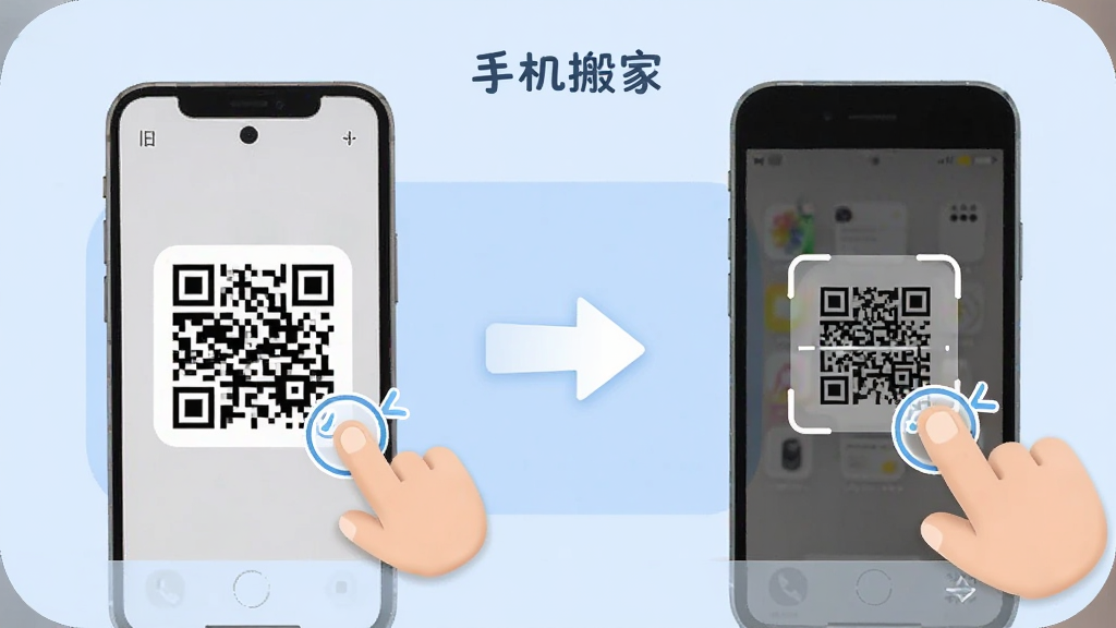 手机屏幕显示“手机搬家”操作引导界面,左边旧手机显示二维码,右边新手机显示扫码框,中间有箭头连接,背景为淡蓝色圆角卡片,风格友好亲切,细节有手指点击动画效果,画质清晰,干净,无多余元素