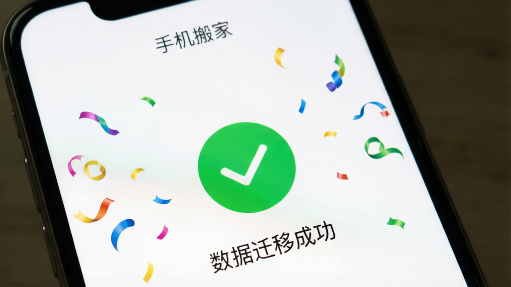 手机屏幕显示“手机搬家”传输完成界面,绿色对勾图标居中,下方显示“数据迁移成功”字样,背景为白色简洁风格,布局突出完成状态,细节有少量彩带庆祝效果,画质清晰,干净,无多余元素
