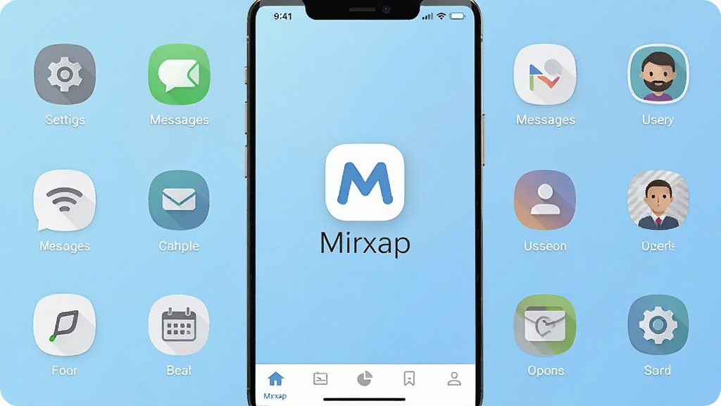 一张展示 Mirxap 应用主界面的手机屏幕截图,画面中央是 Mirxap 的简洁图标和名称“Mirxap”,背景为浅蓝色渐变,周围环绕着功能图标如设置、消息、用户头像等,布局采用上下结构,顶部显示状态栏,底部有导航栏,风格现代扁平化,细节清晰,画质干净,无多余元素,整体色调清爽,适合作为软件下载站的预览图。