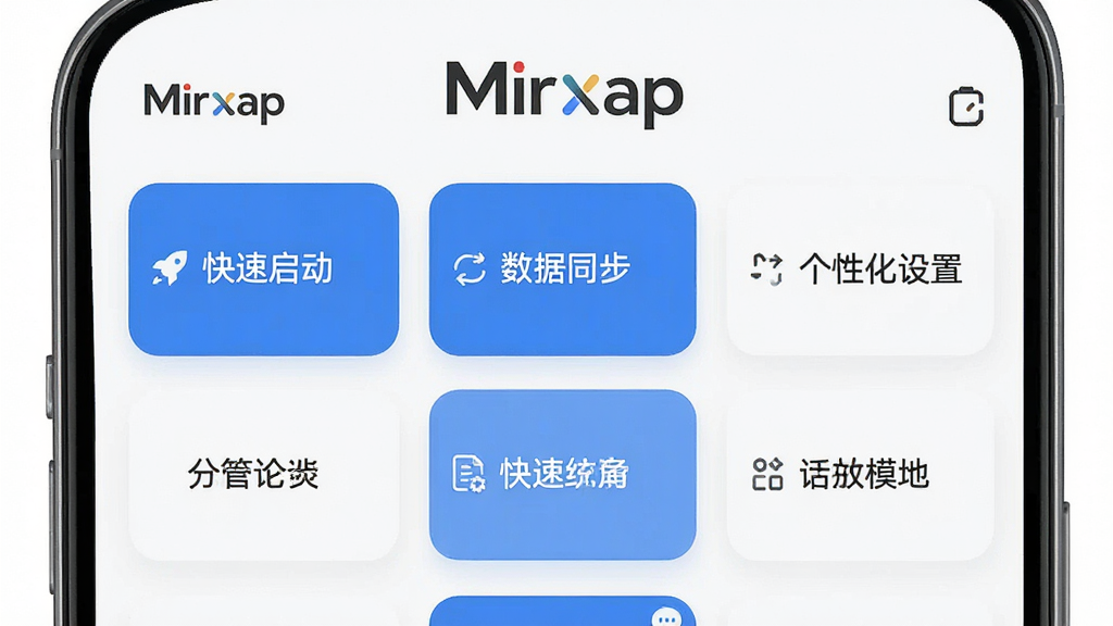 一张展示 Mirxap 功能模块的示意图,画面中手机屏幕显示 Mirxap 的多个功能卡片,包括“快速启动”“数据同步”“个性化设置”等,卡片采用圆角矩形排列,背景为白色,文字清晰,整体风格简洁商务,画质干净,无多余元素,突出 Mirxap 的品牌标识。