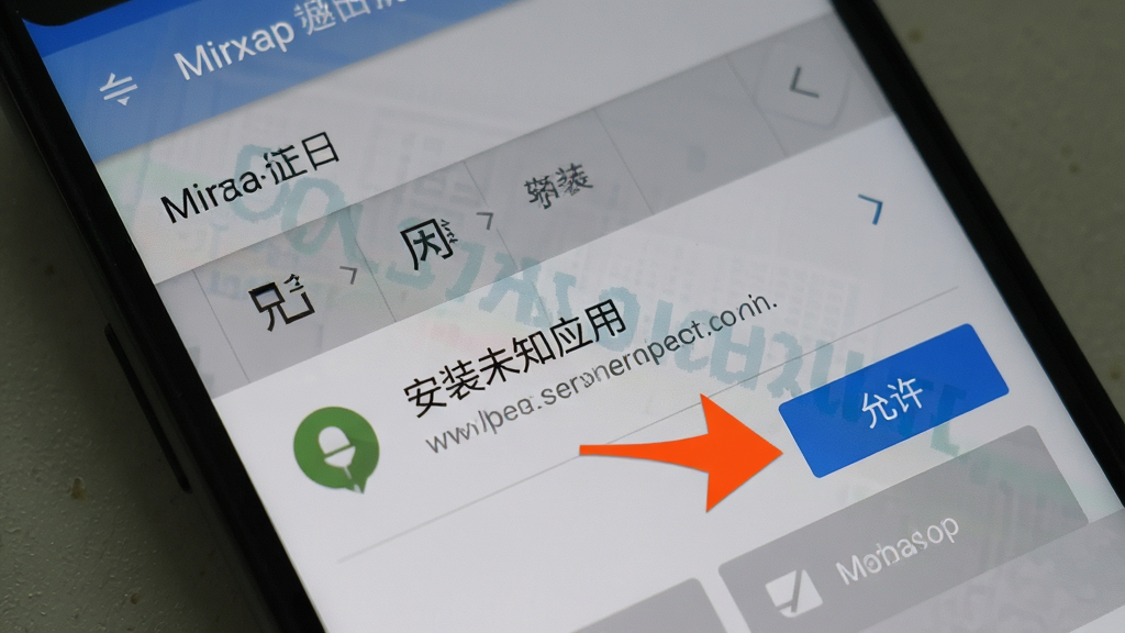 一张展示 Mirxap 安装过程的手机截图,画面中手机屏幕显示“安装未知应用”的权限设置界面,旁边有箭头指向“允许”按钮,背景为安卓系统设置页面的典型灰色调,风格写实,细节清晰,画质干净,无多余元素,突出安装避坑主题。