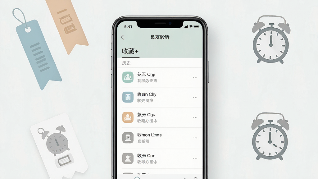 一幅展示良友聆听收藏与历史记录界面的图片,画面中一部手机显示收听历史列表和收藏夹,手机周围有书签和时钟图标点缀,布局采用正面视角,风格清新淡雅,细节包括列表项的图标和分割线,画质高清,干净无多余元素
