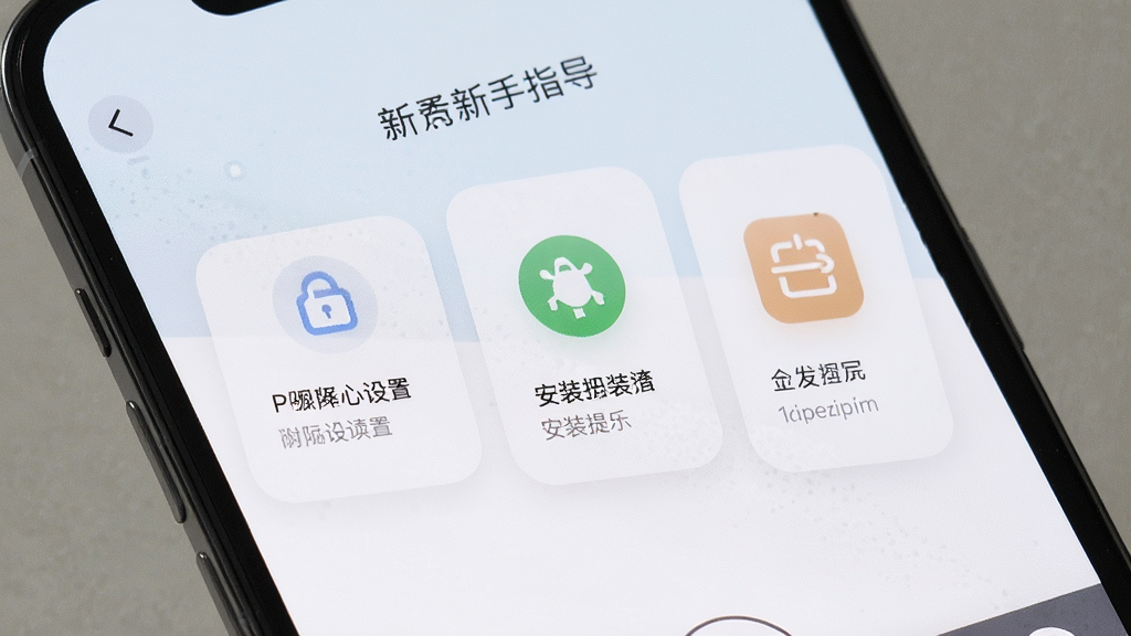 一张手机屏幕显示边框水印相机的新手引导页面,画面中包含权限设置、安装提示、导出选项等图标,整体风格清晰易懂,颜色柔和,画质高清,干净无多余元素