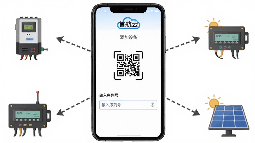һ��չʾ�׺����豸�����������̵�ͼƬ������������һ���ֻ���Ļ����ʾ���׺��ơ������豸���棬��ɨ���ά���ͼ����������кŵ�������ֻ���Χ������������ݲɼ�����̫���ܰ���豸ͼ�꣬�����߼�ͷָ���ֻ�������Ϊ�ɾ��İ�ɫ��������Ϊ����ͼ��廭�������������޶���Ԫ�ء�