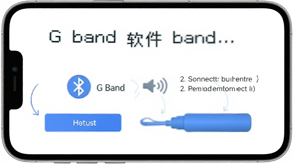 G Band 软件使用教程示意图,手机屏幕显示设备配对步骤,画面中有 G Band 文字,背景为白色,风格简洁教学风,布局分步展示,排版清晰,细节包括蓝牙图标和连接按钮,画质高清,干净,无多余元素