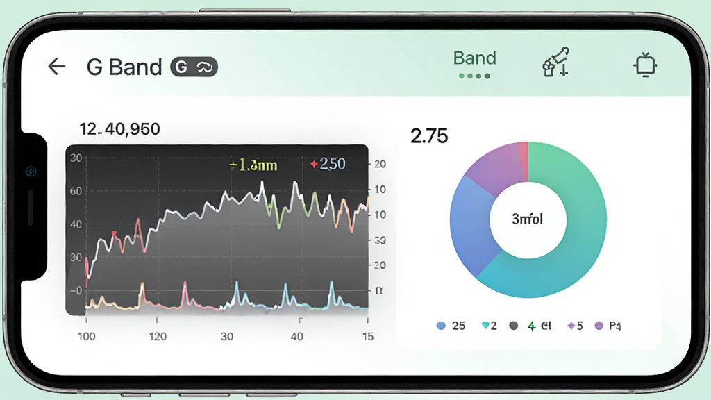 G Band 软件健康监测功能界面,手机屏幕显示心率曲线图和睡眠分析饼图,画面中有 G Band 字样,背景为白色和淡绿色,风格简洁医疗风,布局上下结构,排版清晰,细节包括数据数值和图表标注,画质高清,干净,无多余元素