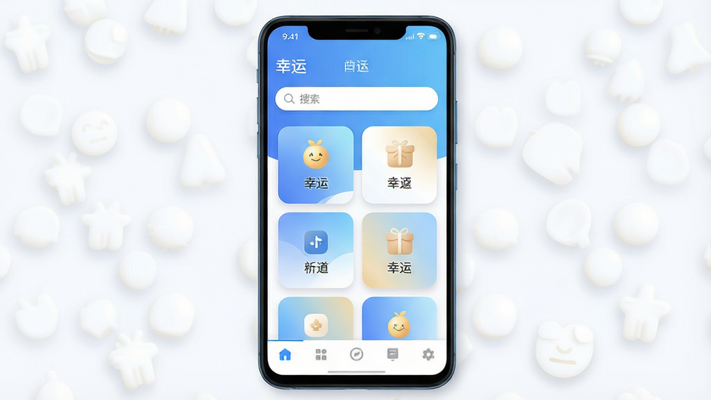 一张以“幸运”为主题的手机应用界面展示图,画面中央放置一部竖屏安卓手机,手机屏幕显示“幸运”软件主页,主页布局为顶部搜索栏、中部功能卡片网格、底部导航栏,配色采用蓝白渐变与浅金色点缀,风格简洁清爽,细节包括圆角图标、柔和阴影、状态栏信号与电量图标,画质清晰,干净,无多余元素。