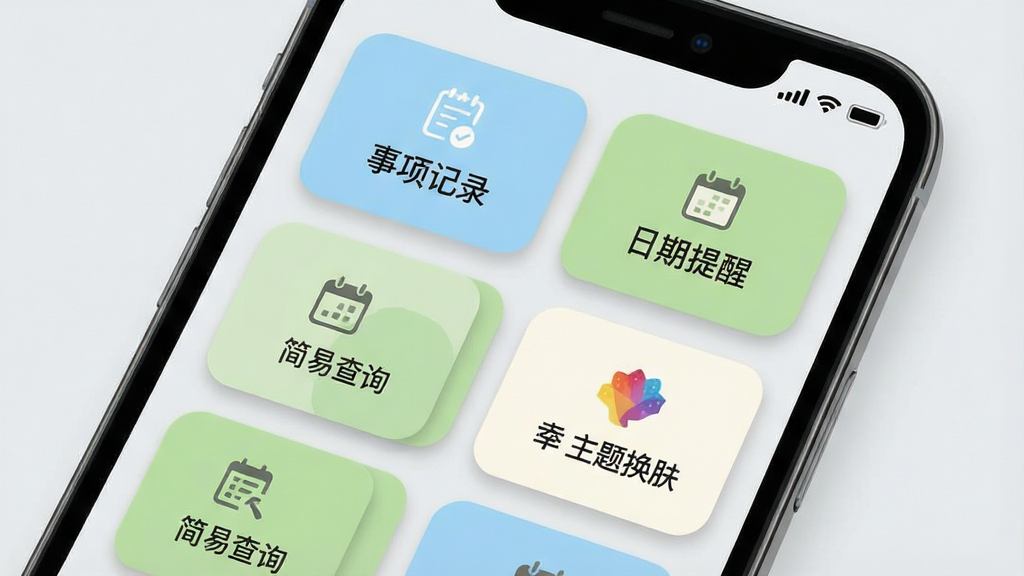 一张展示“幸运”软件功能聚合界面的图片,画面主体为手机屏幕特写,屏幕中显示多个圆角功能卡片,卡片上分别写有“事项记录”“日期提醒”“简易查询”“主题换肤”等字样,卡片配色为浅蓝、浅绿、米白交替,背景为淡灰色,风格清新扁平,细节包括卡片阴影、图标线条、顶部状态栏,画质清晰,干净,无多余元素。