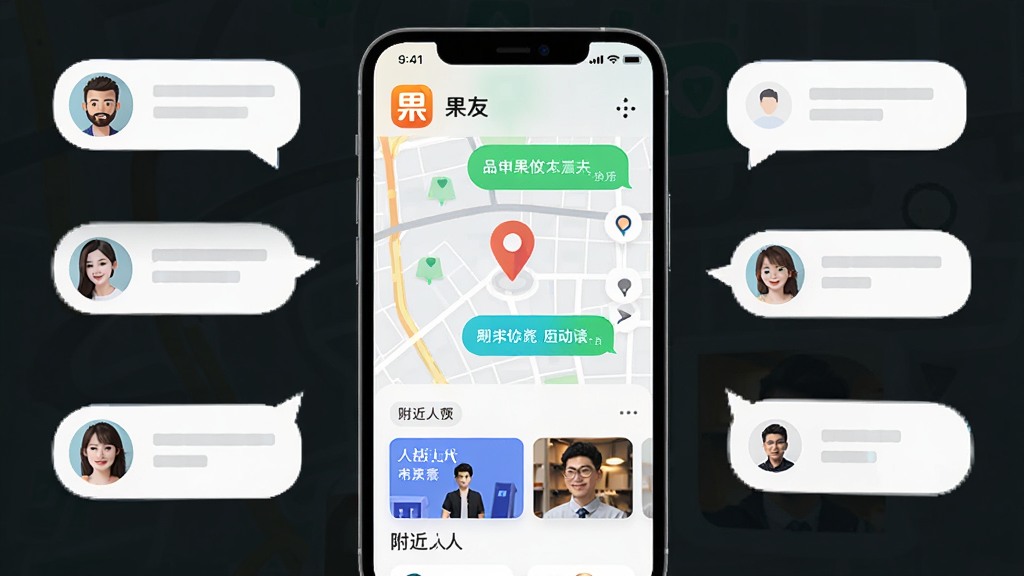 手机屏幕中央显示果友应用界面,背景是城市地图与定位图标,周围环绕着多个用户头像气泡,整体布局简洁清晰,风格为现代扁平化科技感,细节包含聊天气泡、附近的人标签、动态卡片,画质高清,干净,无多余元素