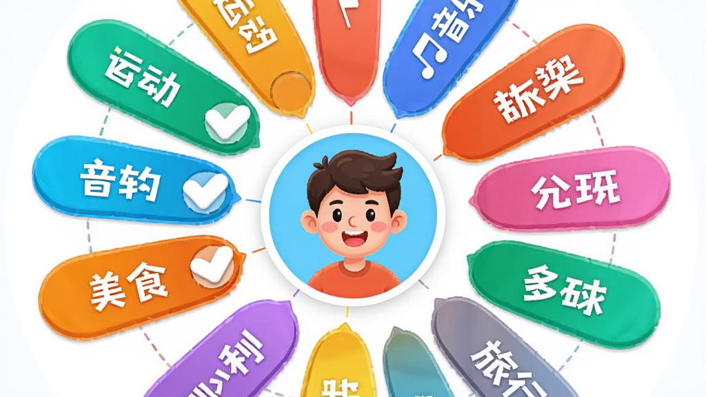 果友应用兴趣标签选择界面,画面中央是多个彩色标签环绕用户头像,标签上写有运动、音乐、美食、旅行等文字,布局呈环形放射状,风格为明快活泼的卡通感,细节包含勾选状态、标签颜色区分,画质高清,干净,无多余元素
