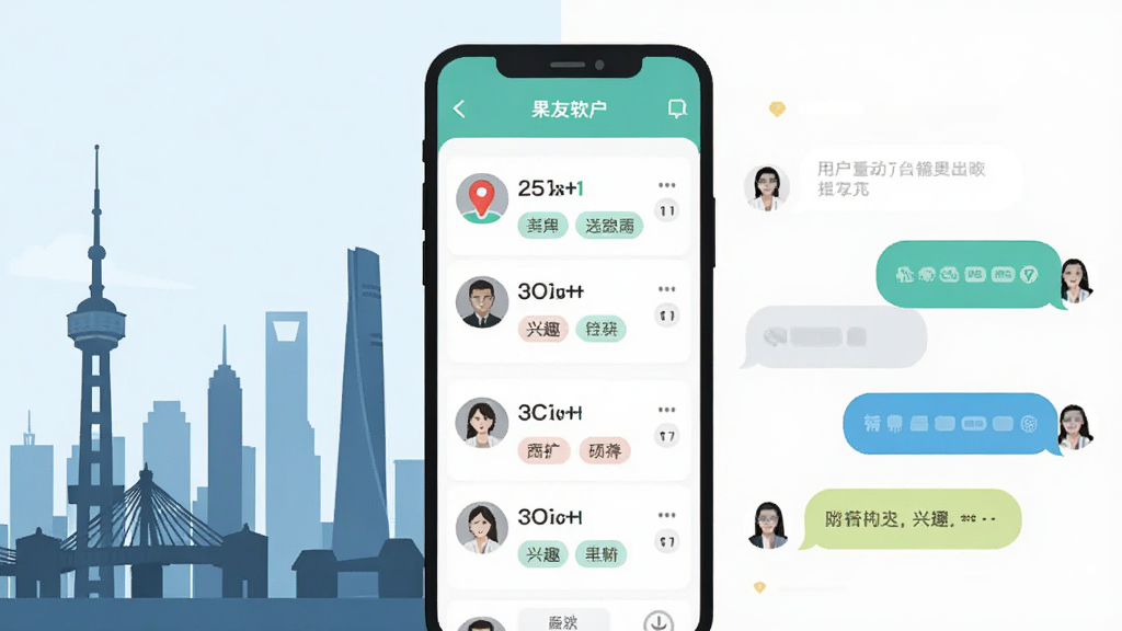 以果友软件为核心主题的插画,画面中央是手机界面展示附近用户列表,左侧是城市地标剪影,右侧是聊天对话气泡,整体布局左右对称,风格为清新扁平化,细节包含定位图标、距离数值、兴趣标签,画质高清,干净,无多余元素
