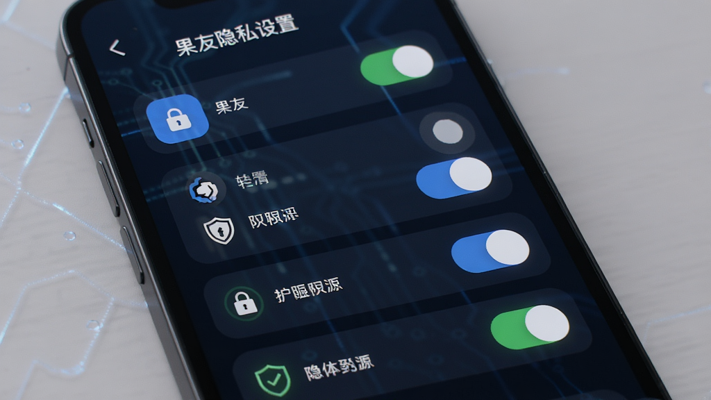 果友隐私设置界面,画面中央是手机屏幕显示多个开关按钮与滑块,布局为列表式,风格为安全科技感,细节包含锁形图标、盾牌标识、权限开关,画质高清,干净,无多余元素