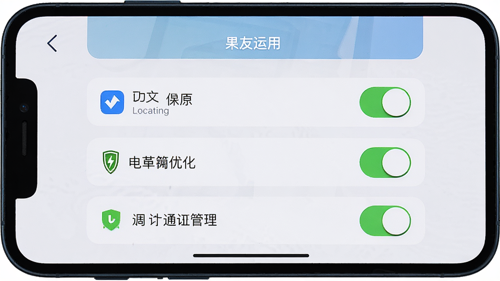 手机屏幕显示果友应用运行状态,画面中央是设置界面与权限开关,布局为上下结构,风格为实用教程风,细节包含定位权限、电池优化、通知管理开关,画质高清,干净,无多余元素