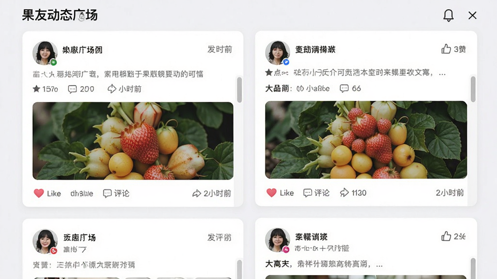 果友动态广场页面,画面中央是瀑布流式动态卡片,每张卡片包含用户头像、文字描述和配图,布局为两列网格,风格为清爽社交风,细节包含点赞图标、评论数、发布时间,画质高清,干净,无多余元素