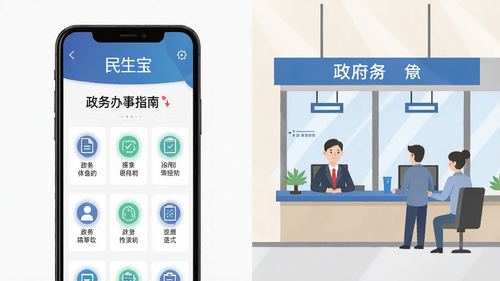 画面主体为民生宝软件界面与政务大厅场景结合,左侧展示手机屏幕内“政务办事指南”页面,右侧为简洁的政务窗口插画,布局左右分栏,风格商务简洁,细节上突出“民生宝”文字标识与办事流程图标,画质清晰,干净无杂乱元素