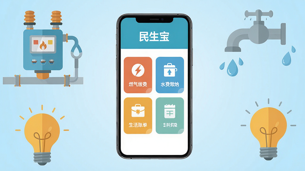 画面中央展示一部智能手机,屏幕内呈现民生宝软件首页界面,包含燃气缴费、水费缴纳、生活账单等图标模块,背景为浅蓝色渐变,周围环绕燃气表、水龙头、电灯泡等生活元素插画,布局采用中心对称式,风格清新扁平化,细节上突出界面文字“民生宝”与功能入口,画质清晰干净,无多余元素