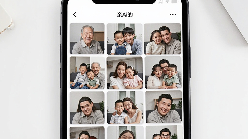 一部手机屏幕中展示着亲Ai的的家庭相册界面,相册以网格形式排列着多张家庭合影与生活照,照片中有老人、孩子和年轻人的笑脸,界面顶部有“亲Ai的”文字标识,背景是干净的白色桌面,风格清新简约,画质细腻,无多余元素