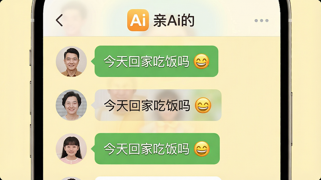 一个温馨的家庭群组聊天界面,画面上方有“亲Ai的”应用Logo,界面中显示多位家庭成员的头像与聊天气泡,气泡中包含文字“今天回家吃饭吗”和笑脸表情,背景是柔和的浅黄色,布局简洁清晰,风格温暖亲切,画质干净,无多余元素