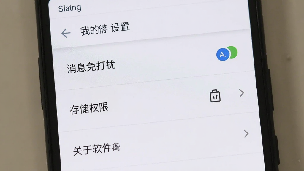 一部安卓手机屏幕上显示亲Ai的的“我的-设置”页面,页面中可见“消息免打扰”“存储权限”“关于软件”等选项,界面采用浅色主题,布局清晰,背景为纯白色,风格简洁实用,画质干净,无多余元素