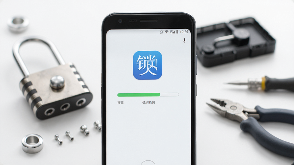 锁艺人商城移动端安装与使用场景,画面展示一部安卓手机正在安装应用,屏幕显示安装进度条,旁边有锁具配件和工具作为背景元素,整体风格简洁明亮,布局清晰,画质干净,无多余元素