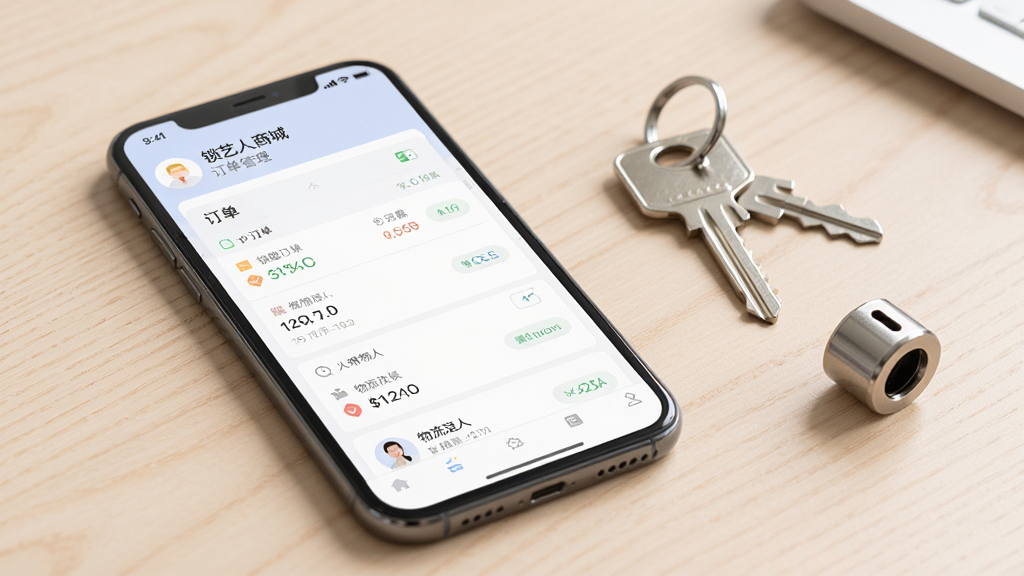 锁艺人商城订单管理界面,手机屏幕显示订单列表和物流追踪信息,界面布局清晰,配色柔和,背景为浅色桌面,旁边放置一把钥匙和锁芯作为点缀,整体风格简洁实用,画质干净,无多余元素