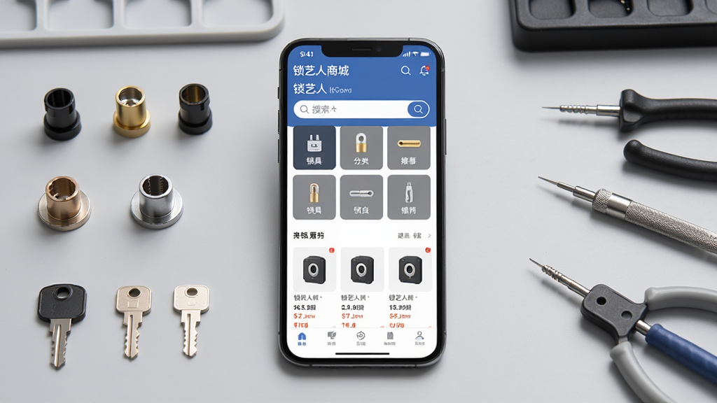 锁艺人商城应用界面全貌展示,画面中央是一部智能手机,屏幕显示锁艺人商城首页,包含锁具分类导航、搜索框和商品推荐位,背景为简洁的浅灰色工作台,台面上整齐摆放着各类锁芯、钥匙胚和开锁工具,整体风格清爽专业,细节清晰,画质干净,无多余元素