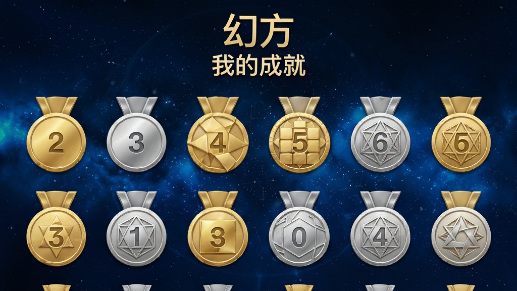 一张展示幻方应用成就徽章页面的预览图,画面中排列着多枚金色与银色徽章,每枚徽章上有数字或几何图案,背景为深蓝色星空渐变,顶部显示“幻方”与“我的成就”文字,整体风格精致,画质清晰,无多余装饰