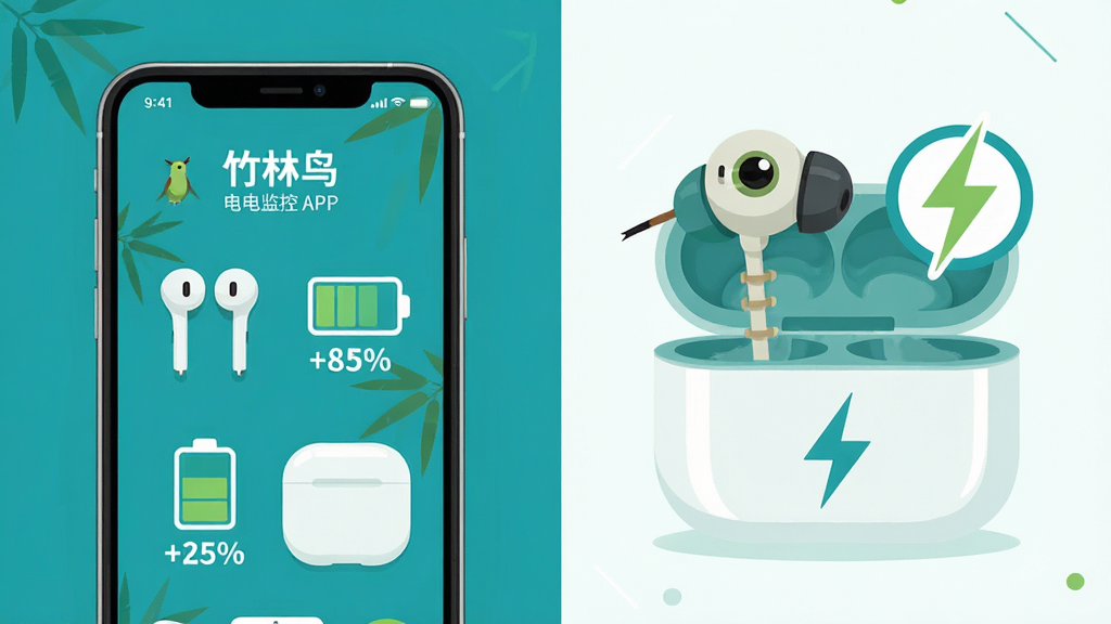 一幅信息图风格的插图,画面分为左右两部分。左侧展示一部手机,手机屏幕上显示“竹林鸟”APP的电量监控界面,有耳机和充电仓的电池图标及百分比数字。右侧展示一只竹林鸟耳机和充电仓的实物图,旁边有闪电充电符号。整体布局对称,风格为扁平化信息图,色调为青绿与白色,细节上突出电量数字和图标清晰度,画质高清,画面干净整洁。