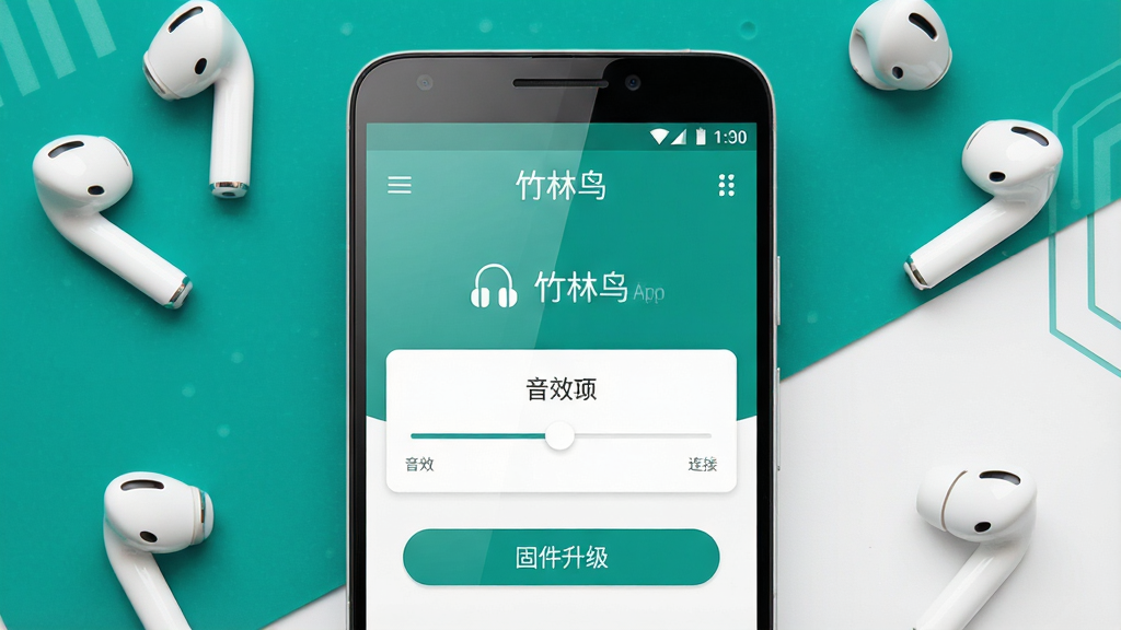 一幅简洁的移动端应用界面展示图,画面中央放置一部安卓手机,手机屏幕上显示“竹林鸟”APP的主界面,界面包含耳机连接状态、音效调节滑块、固件升级按钮等元素。手机周围散落着几只白色无线耳机作为装饰。整体布局采用居中构图,风格为现代科技感,色调以青绿色和白色为主,细节上注重UI图标的清晰度和屏幕反光质感,画质高清,画面干净,无多余元素。