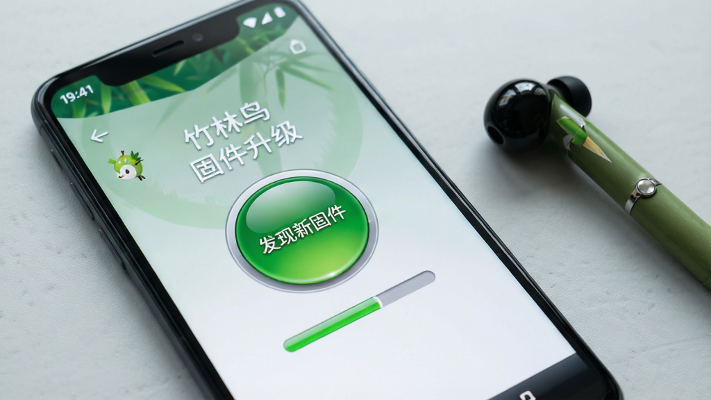 一部安卓手机屏幕特写,屏幕上显示“竹林鸟”APP的固件升级界面,界面中央有一个醒目的圆形升级按钮,按钮上方显示“发现新固件”字样,下方有进度条。手机旁边放着一只竹林鸟耳机,背景为浅灰色桌面。画面风格为干净的产品展示风,布局简洁明了,细节上突出按钮的光泽感和文字清晰度,画质高清,无杂乱元素。