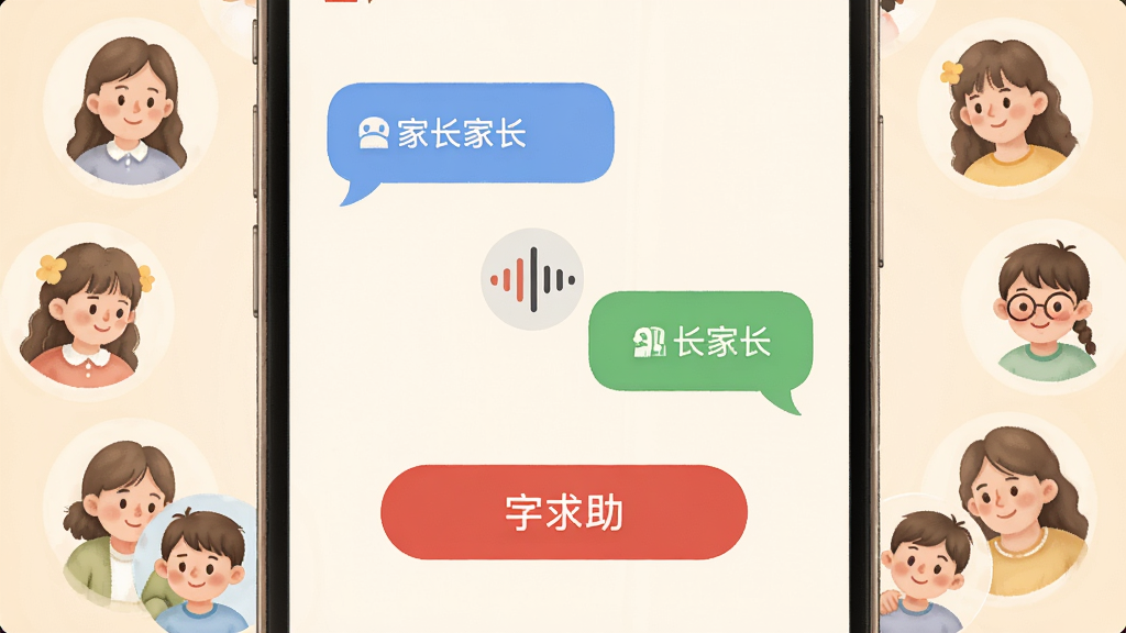 手机屏幕显示两个对话气泡分别代表家长和孩子端,中间有声音波纹图标,底部有醒目的红色求助按钮,周围有家人头像环绕,风格温馨柔和,排版上下结构,画质高清,干净无多余元素