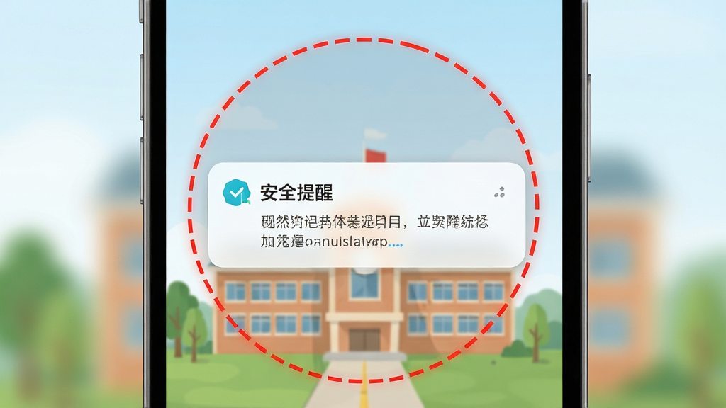 手机界面显示一个圆形安全区域覆盖在学校建筑上方,区域边缘有红色虚线,屏幕弹出通知卡片写着安全提醒,风格简洁明亮,布局居中对齐,画质高清,干净无多余元素