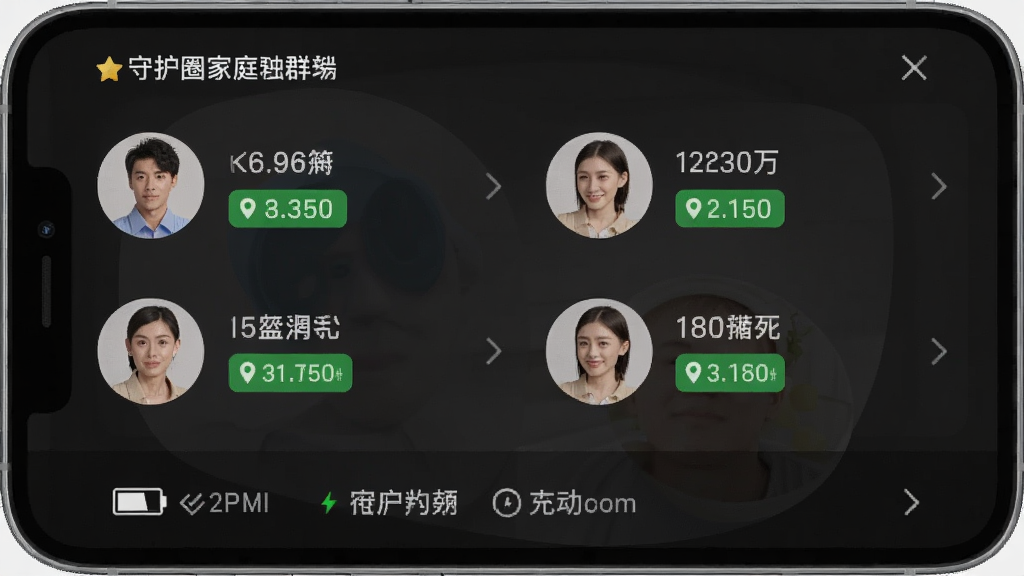 手机界面展示一个家庭群组列表,包含四个成员头像和各自位置状态标签,顶部有守护圈名称,底部显示电量图标和低功耗标识,风格简约现代,布局清晰,画质高清,无多余元素