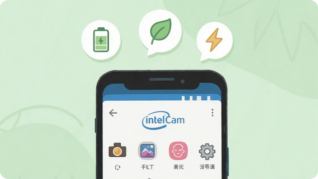 一部安卓手机正面展示,屏幕中显示 IntelCam 的主界面,下方排列着拍摄模式、滤镜、美颜、设置等图标;手机上方漂浮着电池、叶子、闪电等小图标,象征省电轻量;背景为柔和浅绿色;风格为清新扁平化插画;细节包括图标圆润、色彩柔和;画质高清、干净、无多余元素