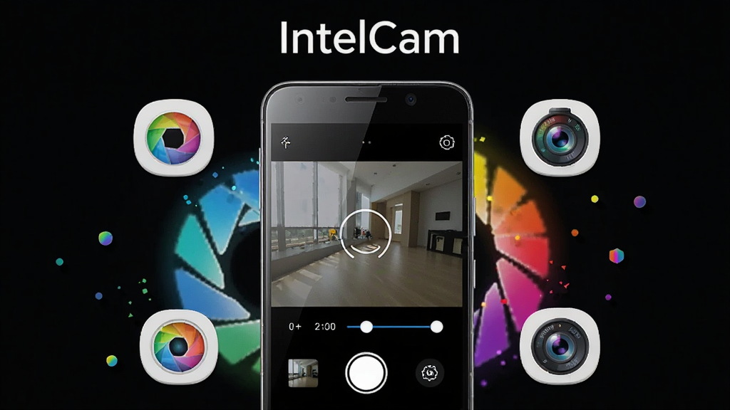 画面中央展示一部安卓手机,手机屏幕上显示 IntelCam 相机拍摄界面,界面中有取景框、快门按钮、参数调节滑块;手机周围环绕光圈、色彩粒子、镜头图标等元素;整体布局为居中构图,上方留白放置软件名称“IntelCam”;风格为现代科技感 UI 展示风;细节包括手机金属边框反光、屏幕内取景画面清晰、图标圆润;画质高清、干净、无多余元素