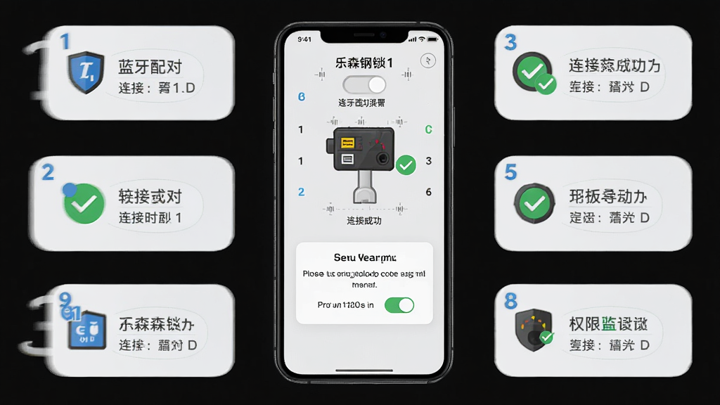 乐森钢锁G1旗舰版APP新手引导界面,手机屏幕显示蓝牙配对步骤示意图和权限设置提示框,背景为简洁的浅灰色教程风格,布局为手机居中、周围环绕步骤图标,风格为清晰易懂的教学插图,细节包括步骤编号、连接成功的绿色对勾、权限开关的示意,画质高清,干净无多余元素