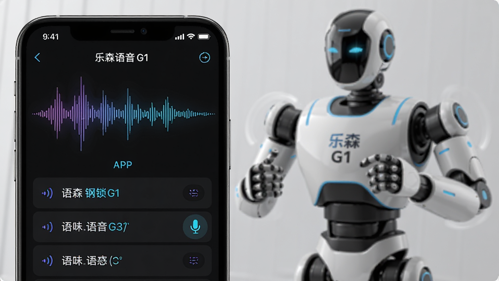 乐森钢锁G1旗舰版APP语音控制界面,手机屏幕显示声波波形和语音指令列表,背景中乐森钢锁G1机器人做出响应动作,布局为手机在前机器人在后的层次构图,风格为智能语音交互场景展示,细节包括声波的可视化动态、机器人关节的转动姿态、手机麦克风图标的高亮,画质高清,干净无多余元素