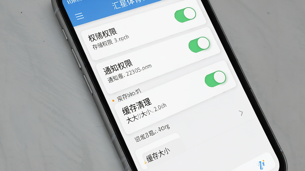 汇星体育移动端设置与权限管理界面,主体为手机屏幕展示应用权限开关和缓存清理选项,布局采用列表式排列,排版清晰,风格简洁工具类界面,细节包括存储权限、通知权限、缓存大小显示等,画质高清,干净,无多余元素
