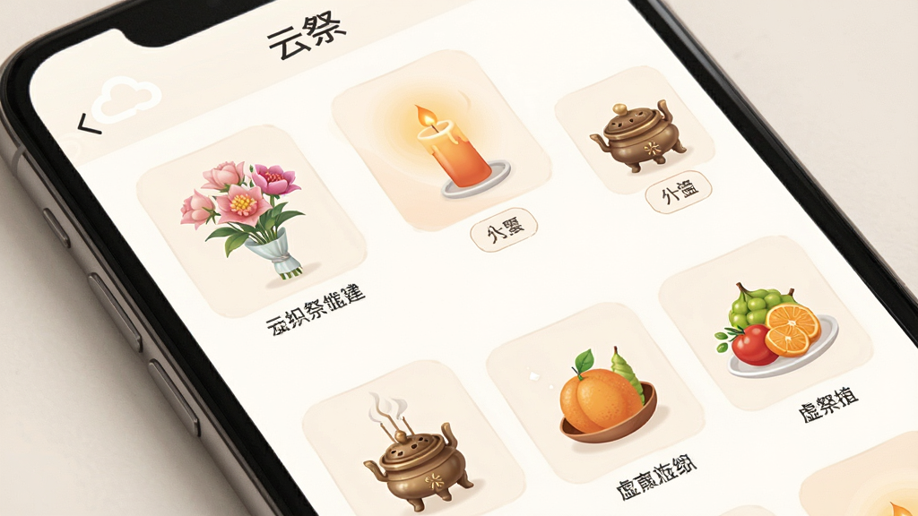 一张云祭应用内虚拟祭品选择界面的图片,画面展示手机屏幕中排列整齐的虚拟鲜花、蜡烛、香炉与供果图标,每个图标下方附有简短文字说明,整体布局为网格状,风格素雅温和,细节上突出“云祭”应用名称与祭祀主题,画质干净明亮,无多余装饰