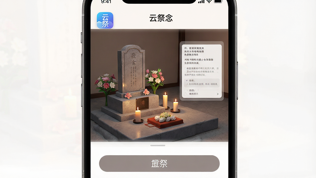一张展示手机屏幕内云祭应用主界面的图片,画面中央是庄重素雅的线上纪念堂场景,包含虚拟墓碑、鲜花、烛光与留言框等元素,整体布局简洁清晰,风格肃穆温和,细节上突出“云祭”二字的应用图标与界面按钮,画质干净明亮,无多余装饰元素