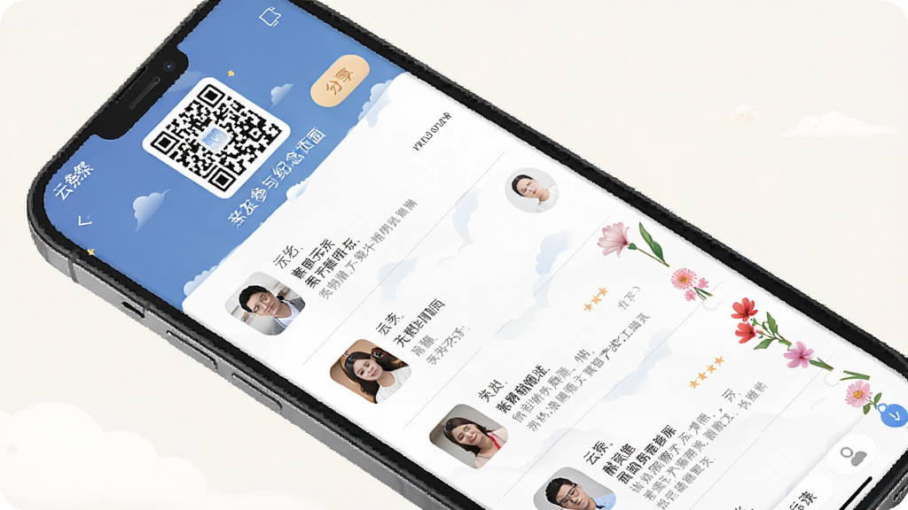 一张展示云祭应用内亲友共同参与纪念页面的示意图,画面为手机屏幕中多人留言与献花记录列表,顶部有邀请二维码与分享按钮,布局清晰有序,风格庄重柔和,细节上体现“云祭”应用名称与多人互动元素,画质干净无多余元素