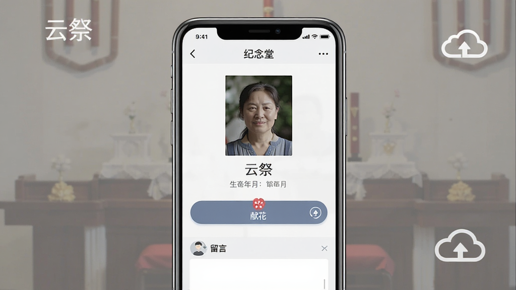 一张云祭应用内云端纪念空间页面的示意图,画面主体为手机屏幕中展示的纪念堂页面,包含人物照片、姓名、生卒年月、献花按钮与留言区域,布局采用上下结构,风格肃穆简约,细节上体现“云祭”应用名称与云端同步图标,画质清晰干净,无多余元素