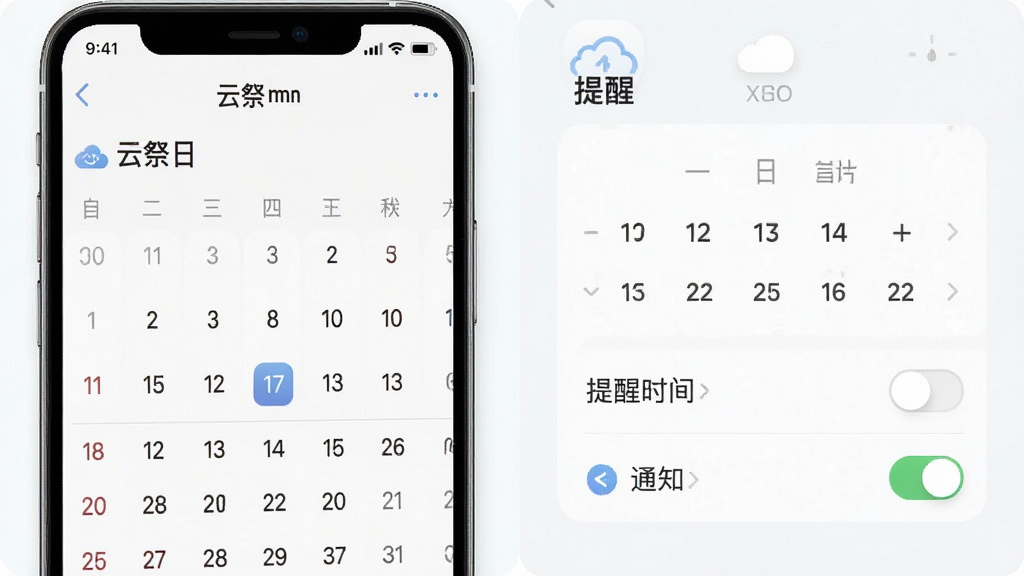 一张云祭应用内纪念日提醒设置界面的图片,画面展示手机屏幕中的日历视图与提醒设置选项,包含日期选择、提醒时间与通知开关,布局简洁直观,风格素雅平和,细节上突出“云祭”应用名称与提醒图标,画质清晰干净,无多余元素