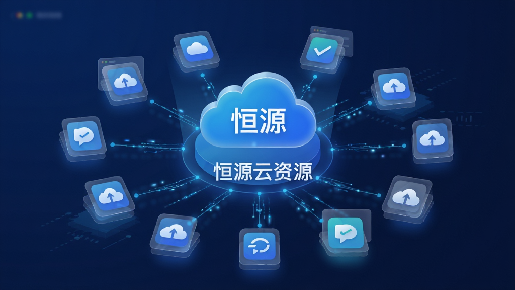 画面中央为「恒源」软件的资源聚合界面,主体是悬浮的云端图标与多个应用图标相连,布局采用中心辐射式排版,风格为简约科技蓝调,细节包括数据流线条与半透明卡片,画质清晰干净无多余元素,图中文字标注“恒源云资源”