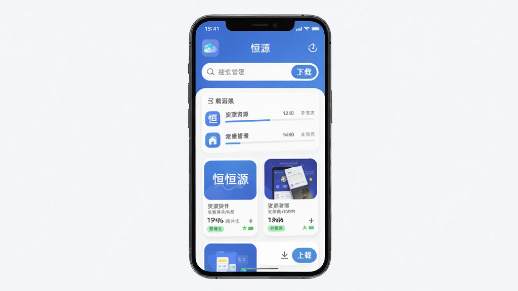 软件名为「恒源」的安卓应用界面展示图,主体为一部智能手机正中央显示恒源主页面,页面包含资源列表与下载按钮,布局为上下结构上方是搜索栏下方是卡片式资源展示,排版整齐留白适中,风格为现代科技感扁平化设计,细节包括图标圆角、进度条与状态标签,画质高清干净无多余元素,画面中文字包含“恒源”与“下载管理”字样
