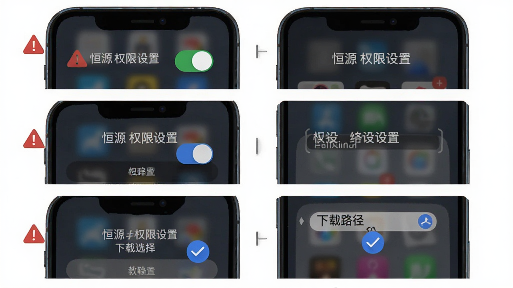 恒源软件新手操作示意图,主体为手机屏幕显示权限设置与下载路径选项,布局为分步截图式排版从上到下依次展示开关与路径选择,风格为扁平化教程风格,细节包括红色警示图标与蓝色对勾标记,画质高清干净无多余元素,图中文字包含“恒源 权限设置”