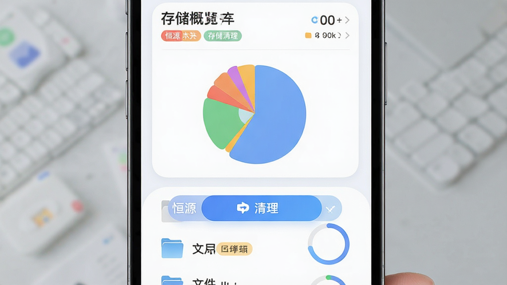 恒源软件本地文件管理界面展示图,主体为手机屏幕显示文件分类饼状图与清理按钮,布局为上下结构上方是存储概览下方是文件列表,风格为柔和圆角卡片式设计,细节包括彩色分类标签与进度环,画质清晰干净无多余元素,图中文字标注“恒源 存储清理”